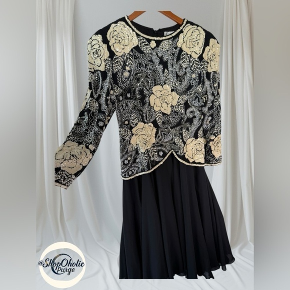 Vintage Black Tie by He-Ro Sequin Beaded Dress Size 12 one piece gown classy